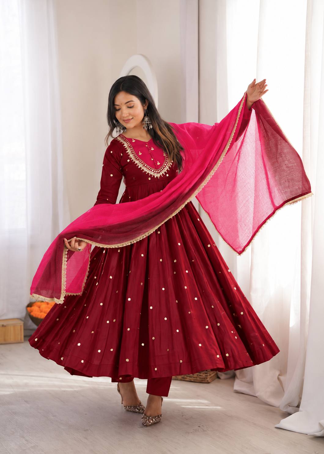 MAROON COLOR EMBELLISHED ANARKALI SUIT SET