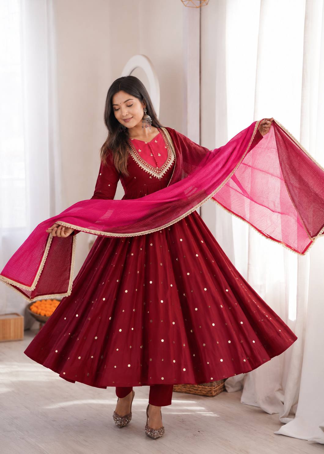 MAROON COLOR EMBELLISHED ANARKALI SUIT SET