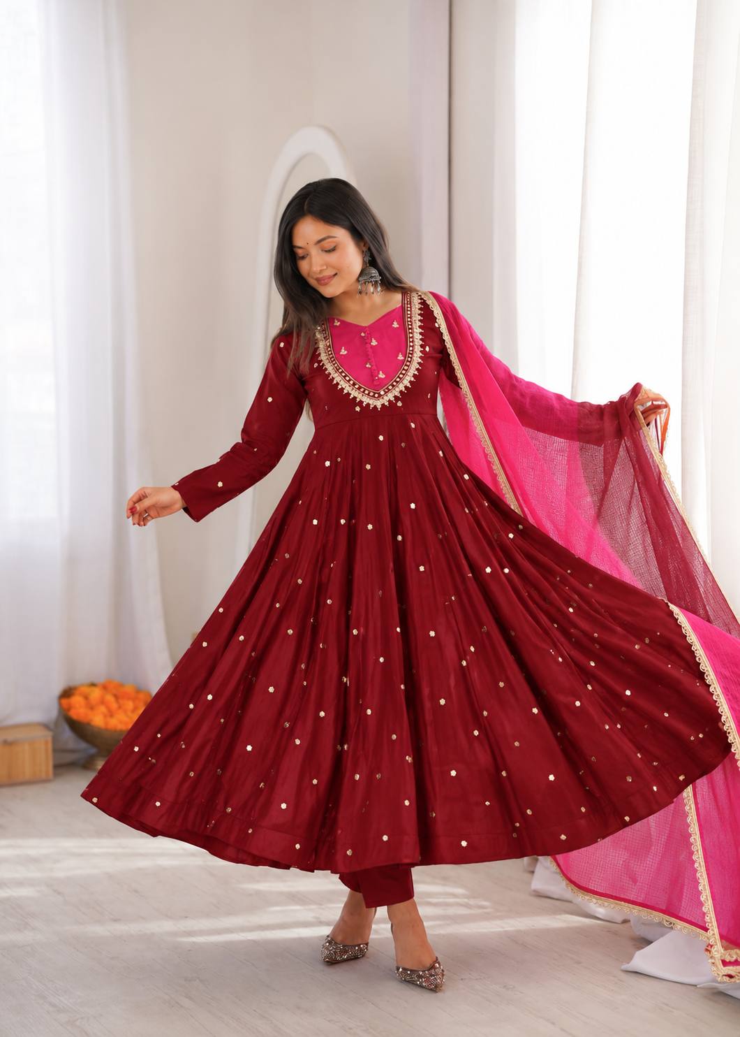 MAROON COLOR EMBELLISHED ANARKALI SUIT SET