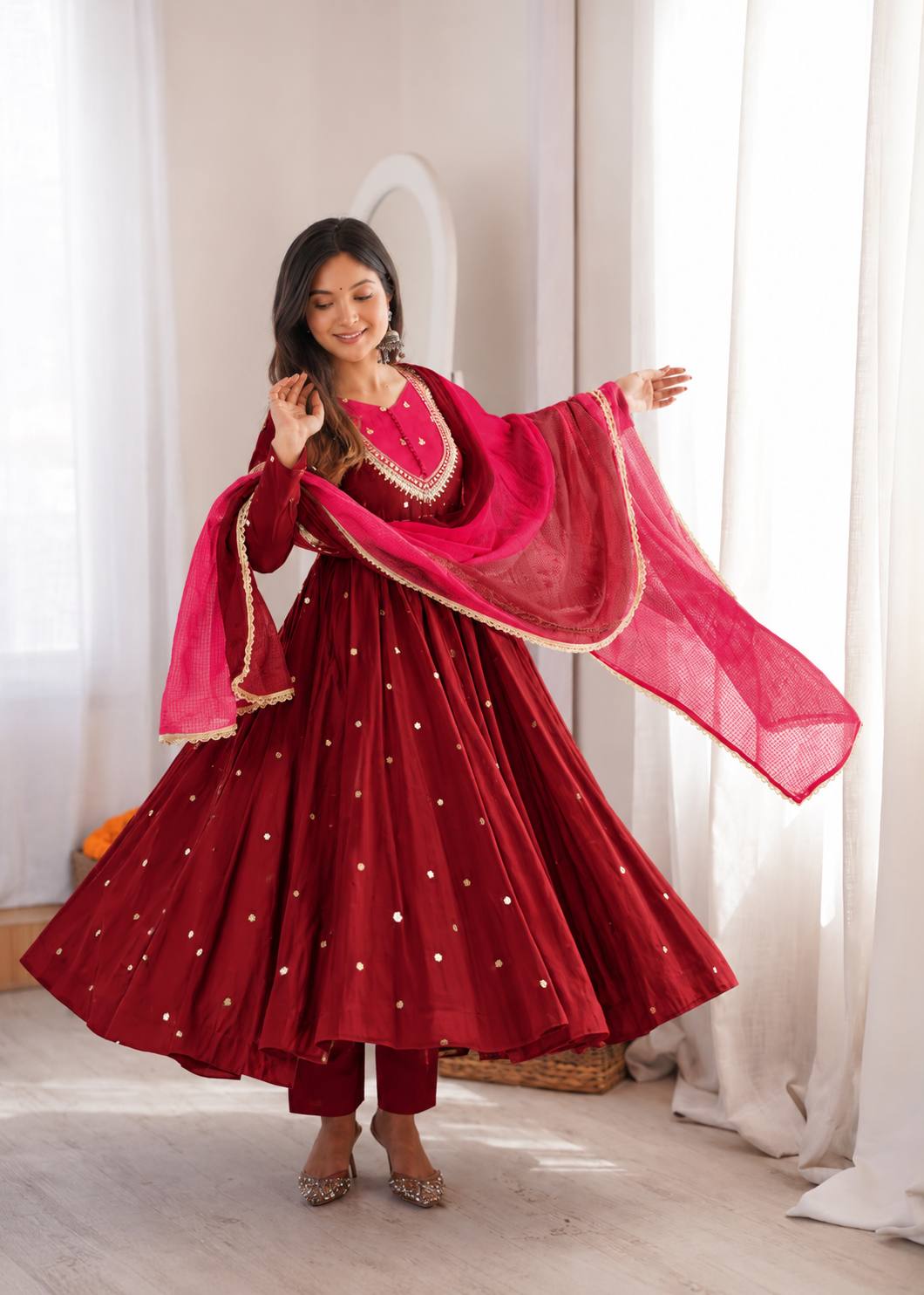 MAROON COLOR EMBELLISHED ANARKALI SUIT SET
