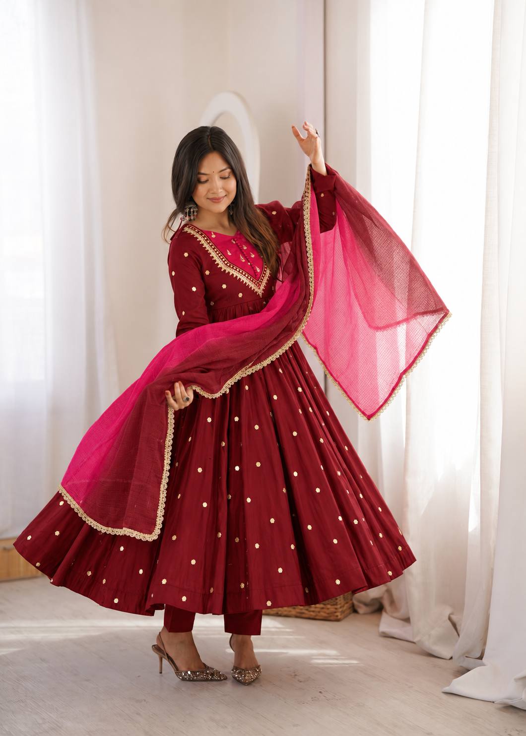 MAROON COLOR EMBELLISHED ANARKALI SUIT SET