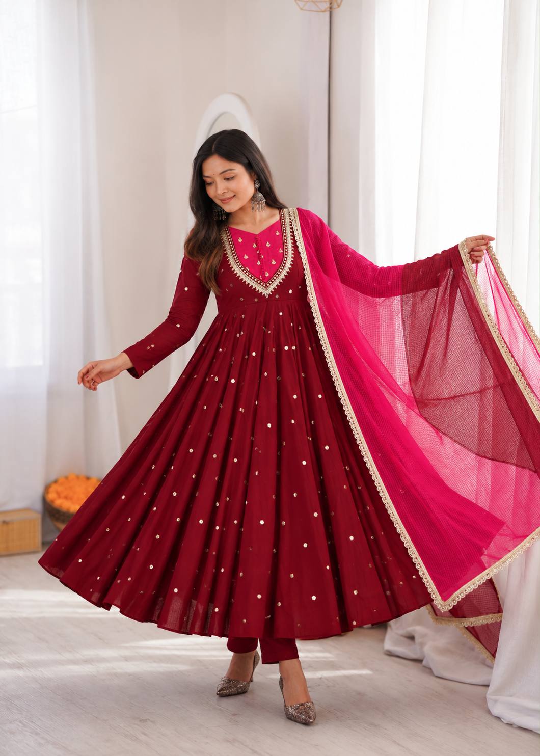 MAROON COLOR EMBELLISHED ANARKALI SUIT SET