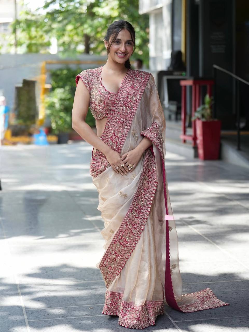 ROSE PINK & IVORY GLASS ORGANZA SILK EMBROIDERED SAREE WITH MATCHING BLOUSE