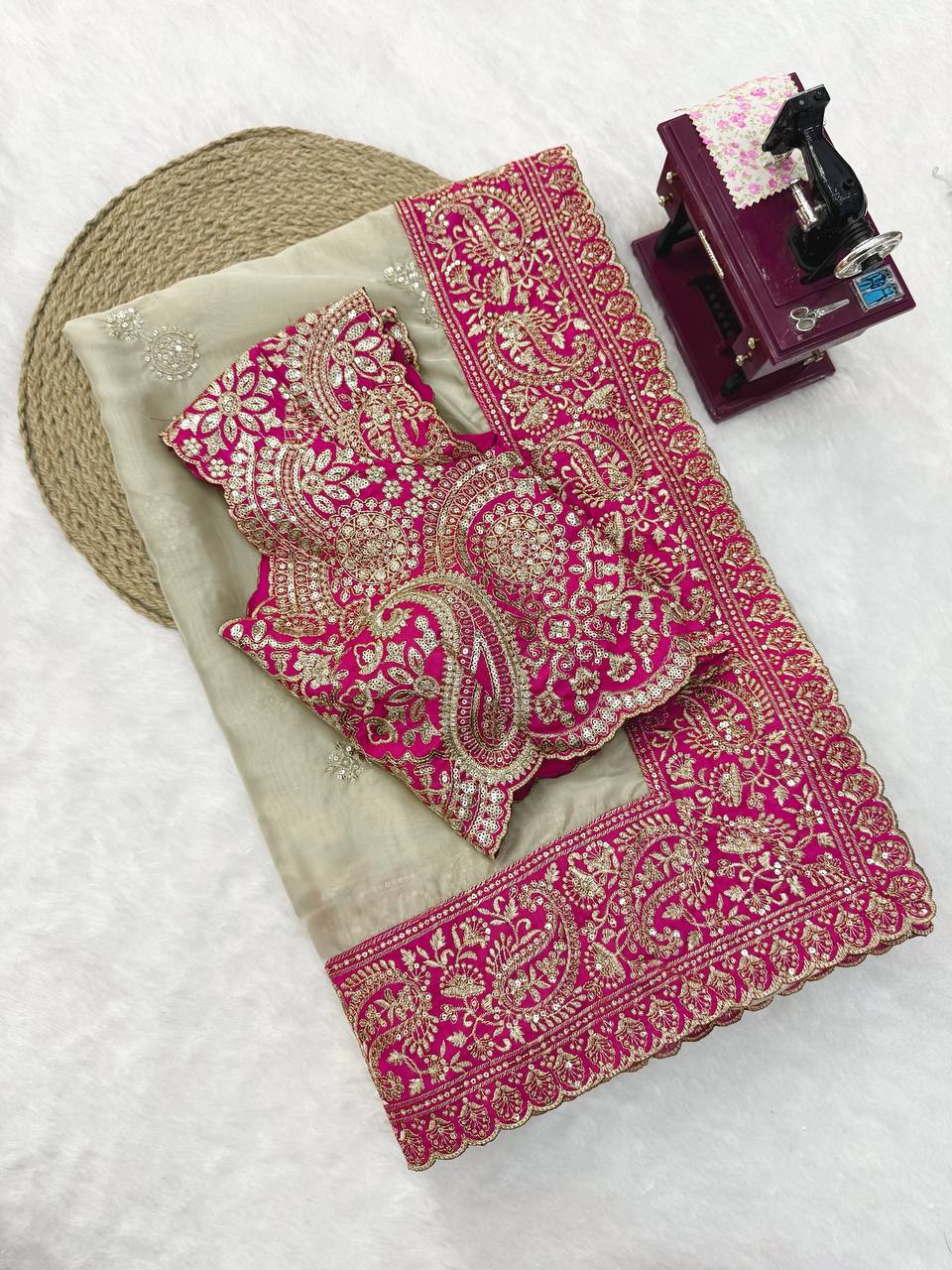 ROSE PINK & IVORY GLASS ORGANZA SILK EMBROIDERED SAREE WITH MATCHING BLOUSE