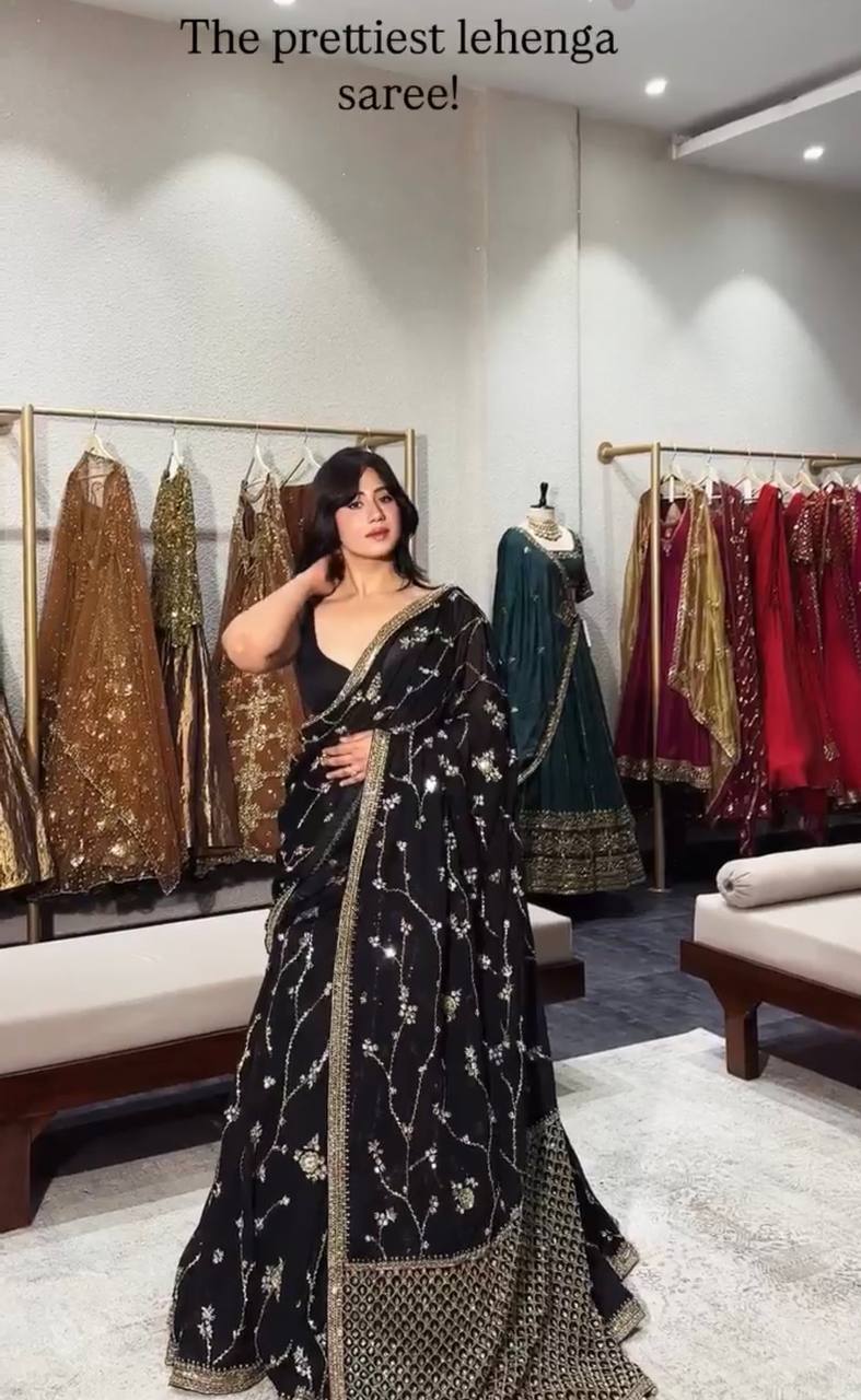BLACK BEAUTY EMBROIDERED PARTY WEAR LEHENGA SAREE