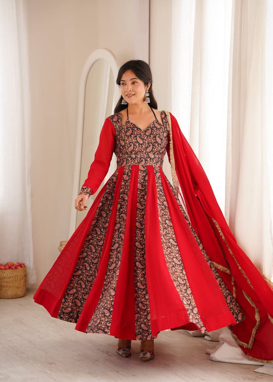 RED & BLACK BLOOMING GEORGETTE EMBROIDERED ANARKALI GOWN SET