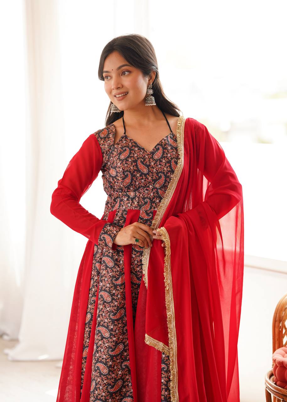RED & BLACK BLOOMING GEORGETTE EMBROIDERED ANARKALI GOWN SET