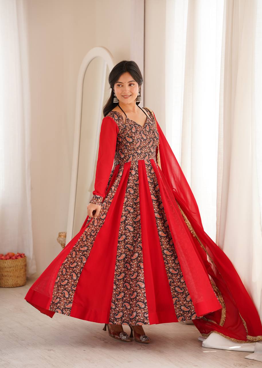 RED & BLACK BLOOMING GEORGETTE EMBROIDERED ANARKALI GOWN SET