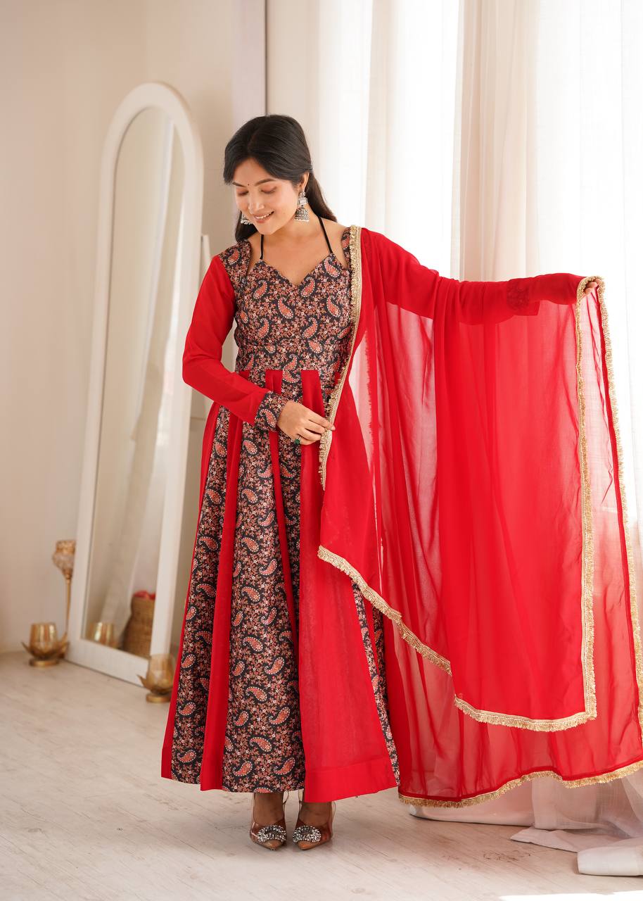 RED & BLACK BLOOMING GEORGETTE EMBROIDERED ANARKALI GOWN SET