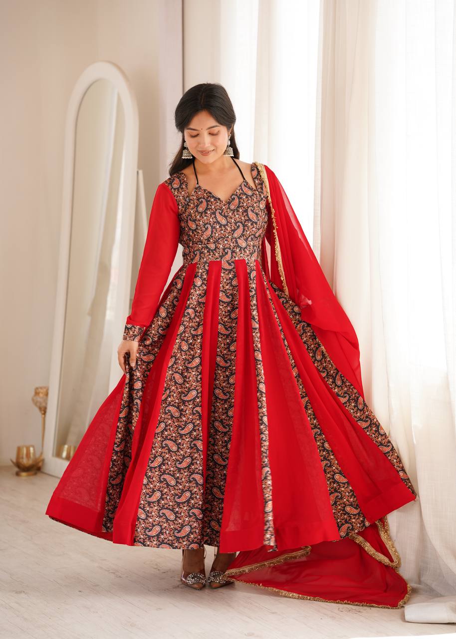 RED & BLACK BLOOMING GEORGETTE EMBROIDERED ANARKALI GOWN SET