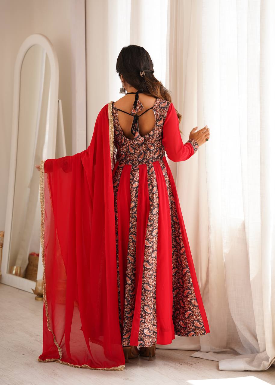 RED & BLACK BLOOMING GEORGETTE EMBROIDERED ANARKALI GOWN SET