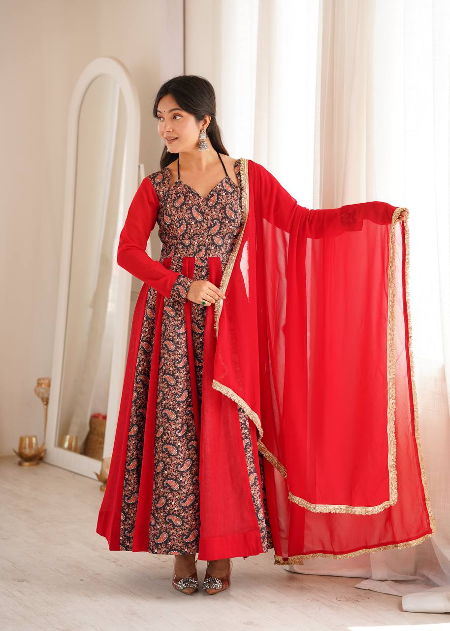 RED & BLACK BLOOMING GEORGETTE EMBROIDERED ANARKALI GOWN SET