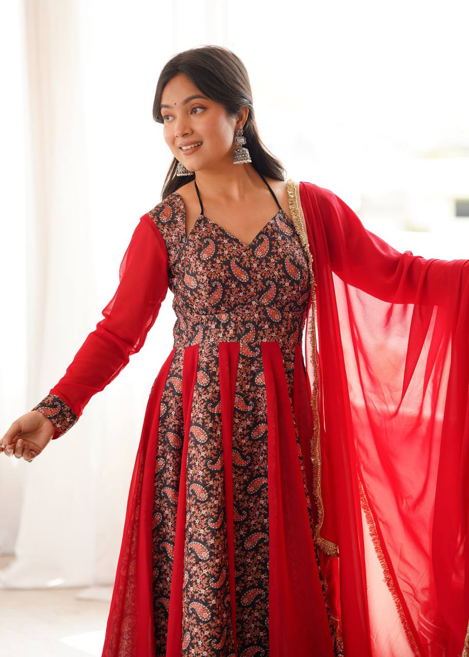 RED & BLACK BLOOMING GEORGETTE EMBROIDERED ANARKALI GOWN SET