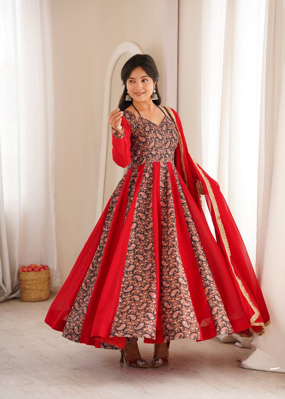 RED & BLACK BLOOMING GEORGETTE EMBROIDERED ANARKALI GOWN SET