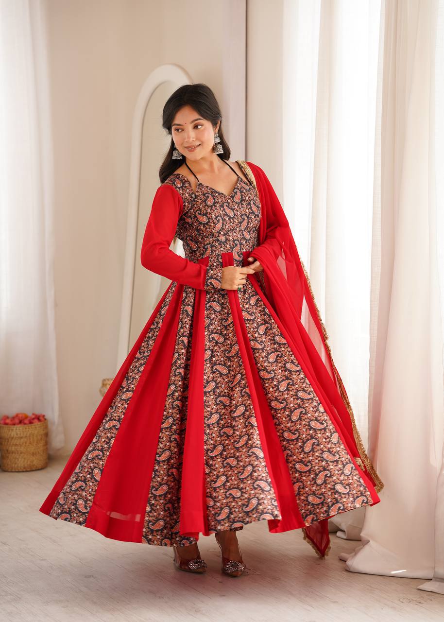 RED & BLACK BLOOMING GEORGETTE EMBROIDERED ANARKALI GOWN SET