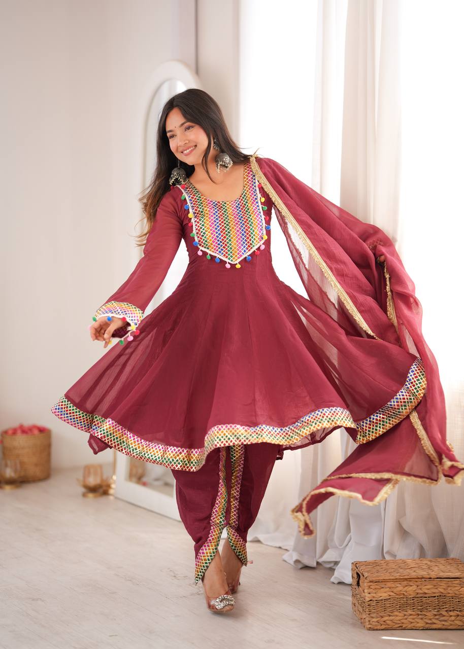 WINE CRUNCHY SILK BASE EMBROIDERED DHOTI SUIT SET