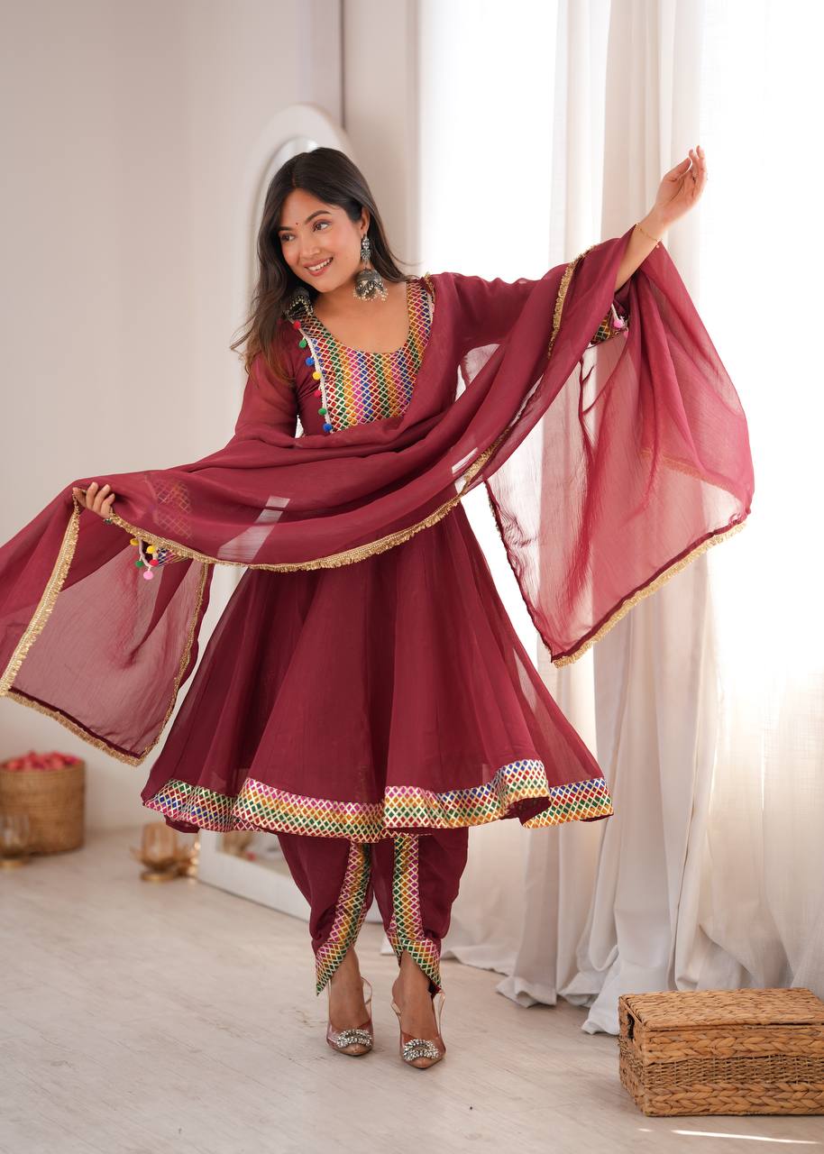 WINE CRUNCHY SILK BASE EMBROIDERED DHOTI SUIT SET