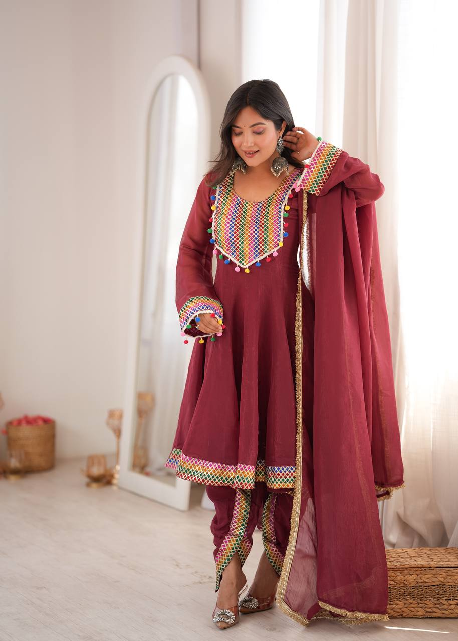 WINE CRUNCHY SILK BASE EMBROIDERED DHOTI SUIT SET