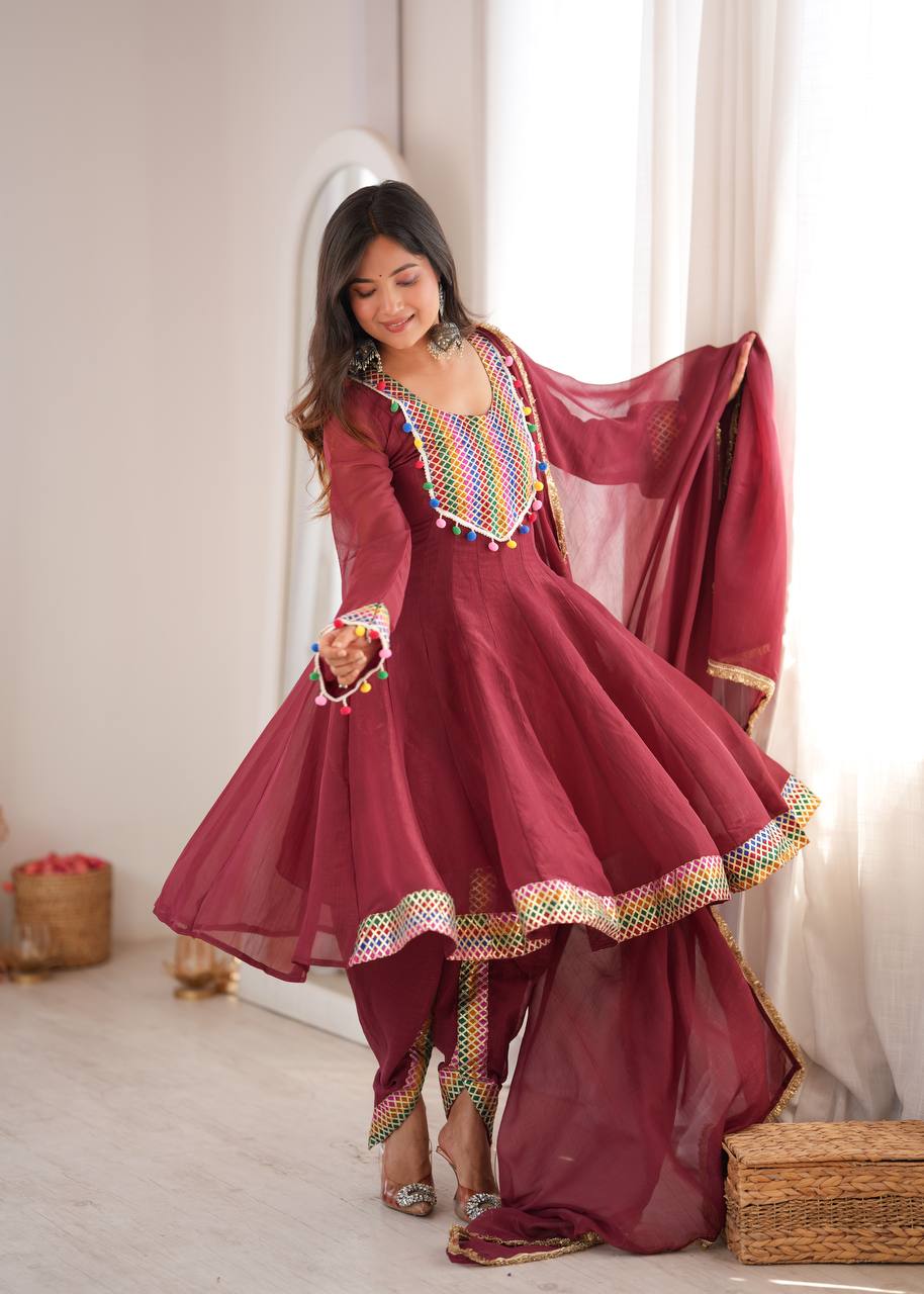 WINE CRUNCHY SILK BASE EMBROIDERED DHOTI SUIT SET