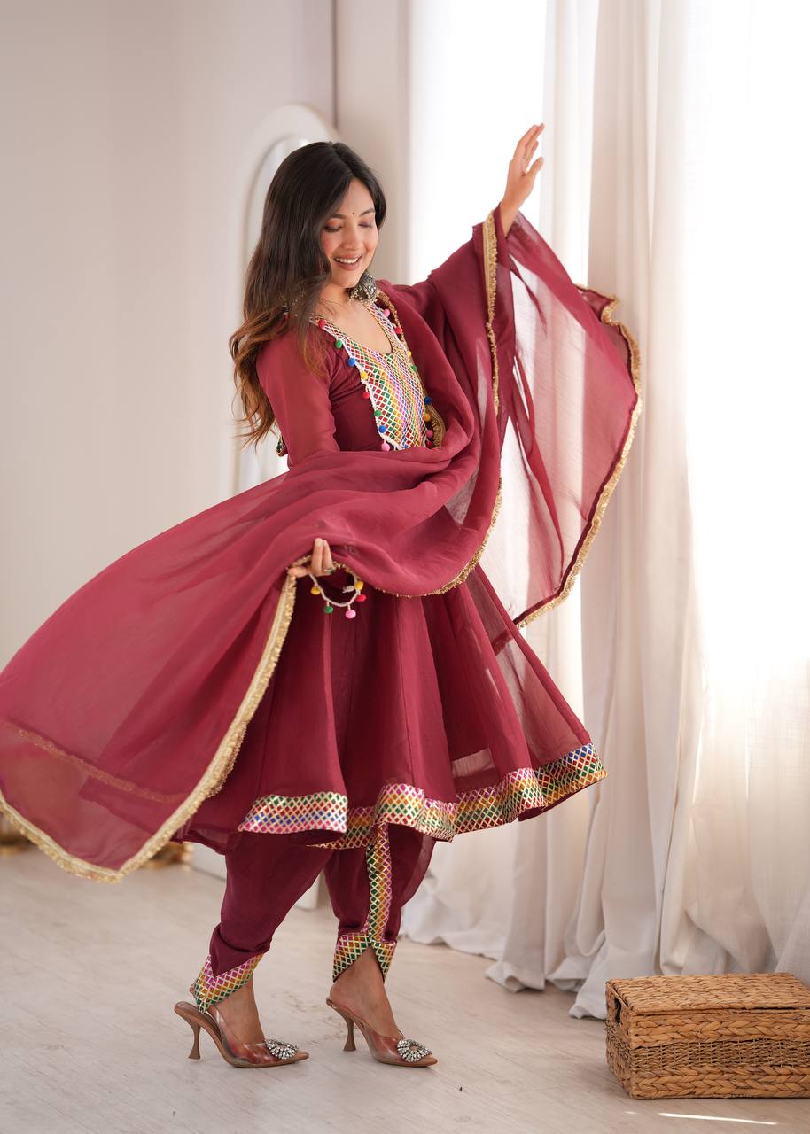 WINE CRUNCHY SILK BASE EMBROIDERED DHOTI SUIT SET