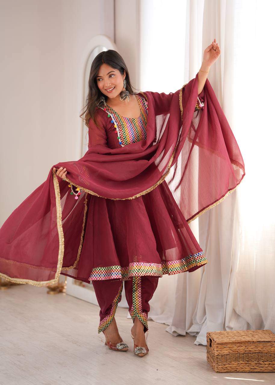 WINE CRUNCHY SILK BASE EMBROIDERED DHOTI SUIT SET