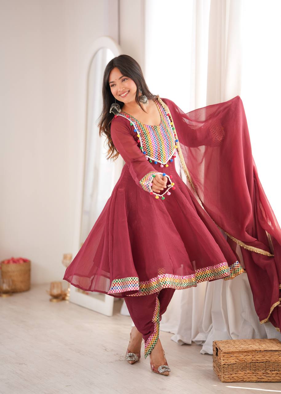 WINE CRUNCHY SILK BASE EMBROIDERED DHOTI SUIT SET