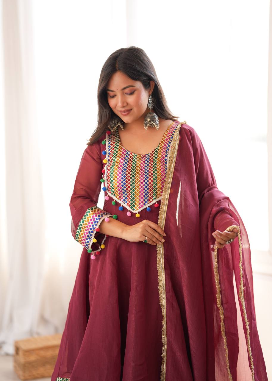WINE CRUNCHY SILK BASE EMBROIDERED DHOTI SUIT SET