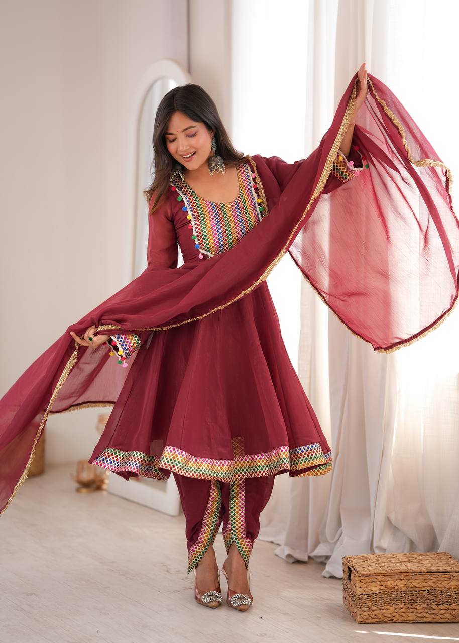 WINE CRUNCHY SILK BASE EMBROIDERED DHOTI SUIT SET