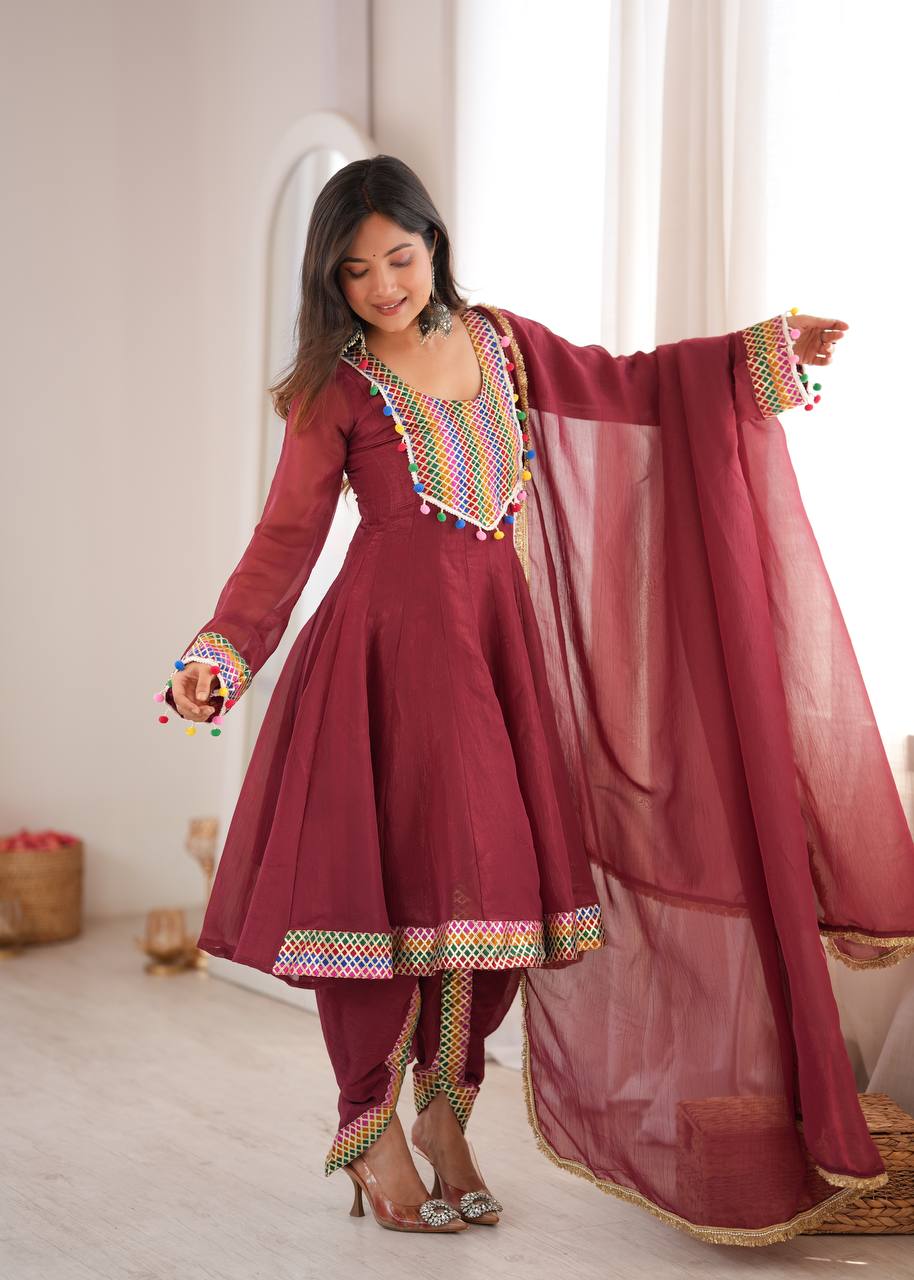 WINE CRUNCHY SILK BASE EMBROIDERED DHOTI SUIT SET