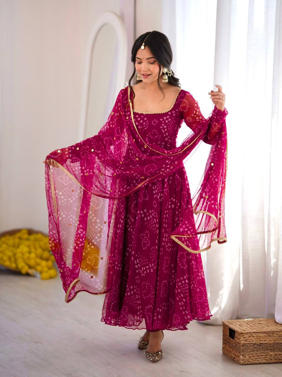 DESIGNER MAGENTA PINK BANDHEJ PRINTED FLARED ANARKALI SUIT SET