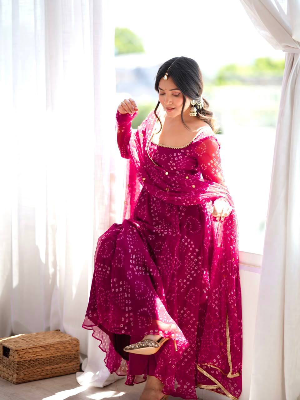 DESIGNER MAGENTA PINK BANDHEJ PRINTED FLARED ANARKALI SUIT SET