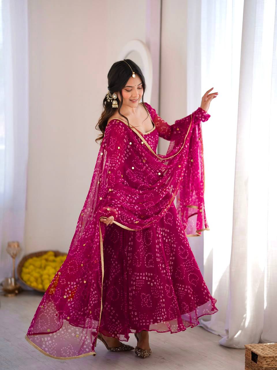 DESIGNER MAGENTA PINK BANDHEJ PRINTED FLARED ANARKALI SUIT SET