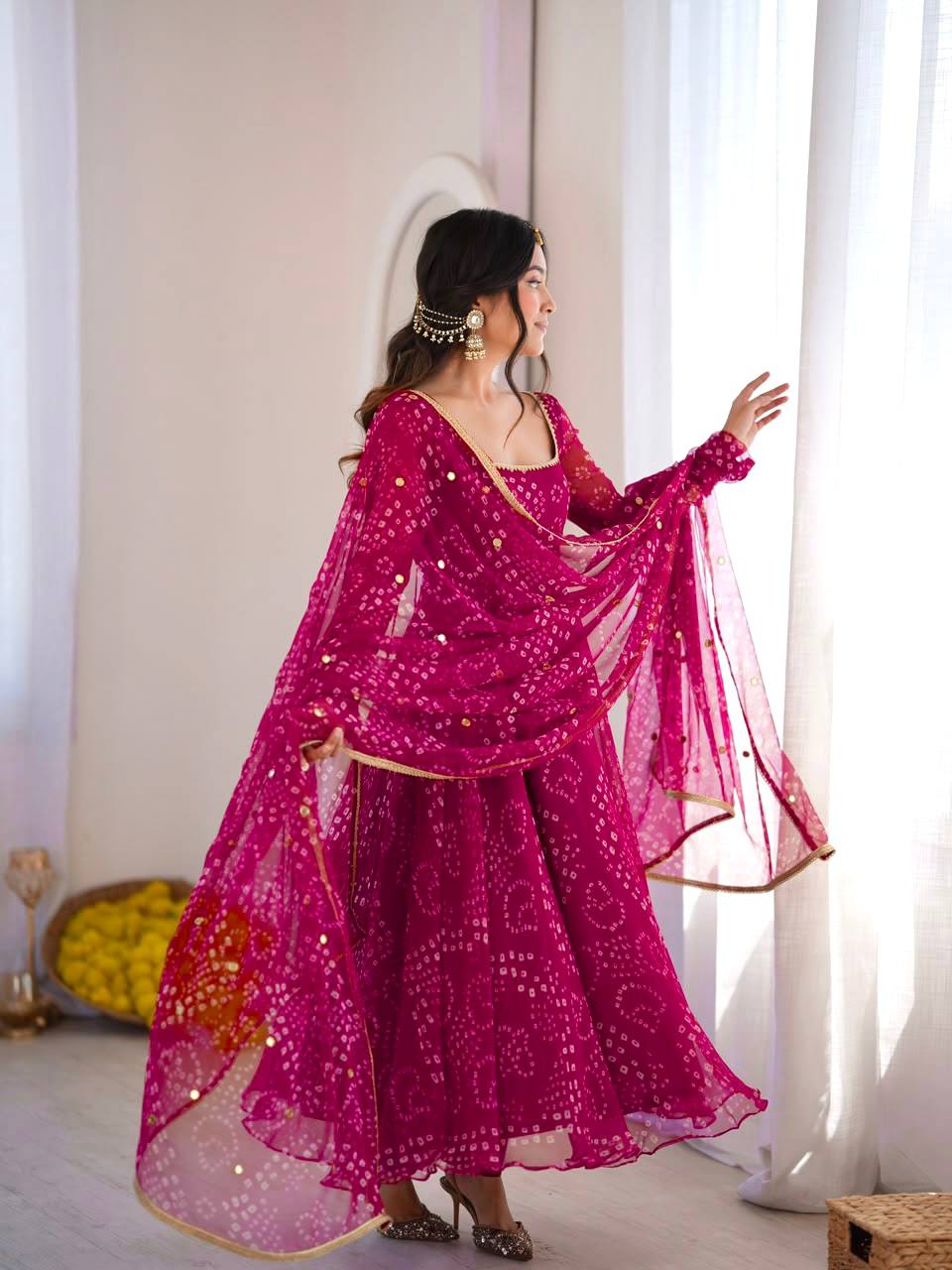 DESIGNER MAGENTA PINK BANDHEJ PRINTED FLARED ANARKALI SUIT SET