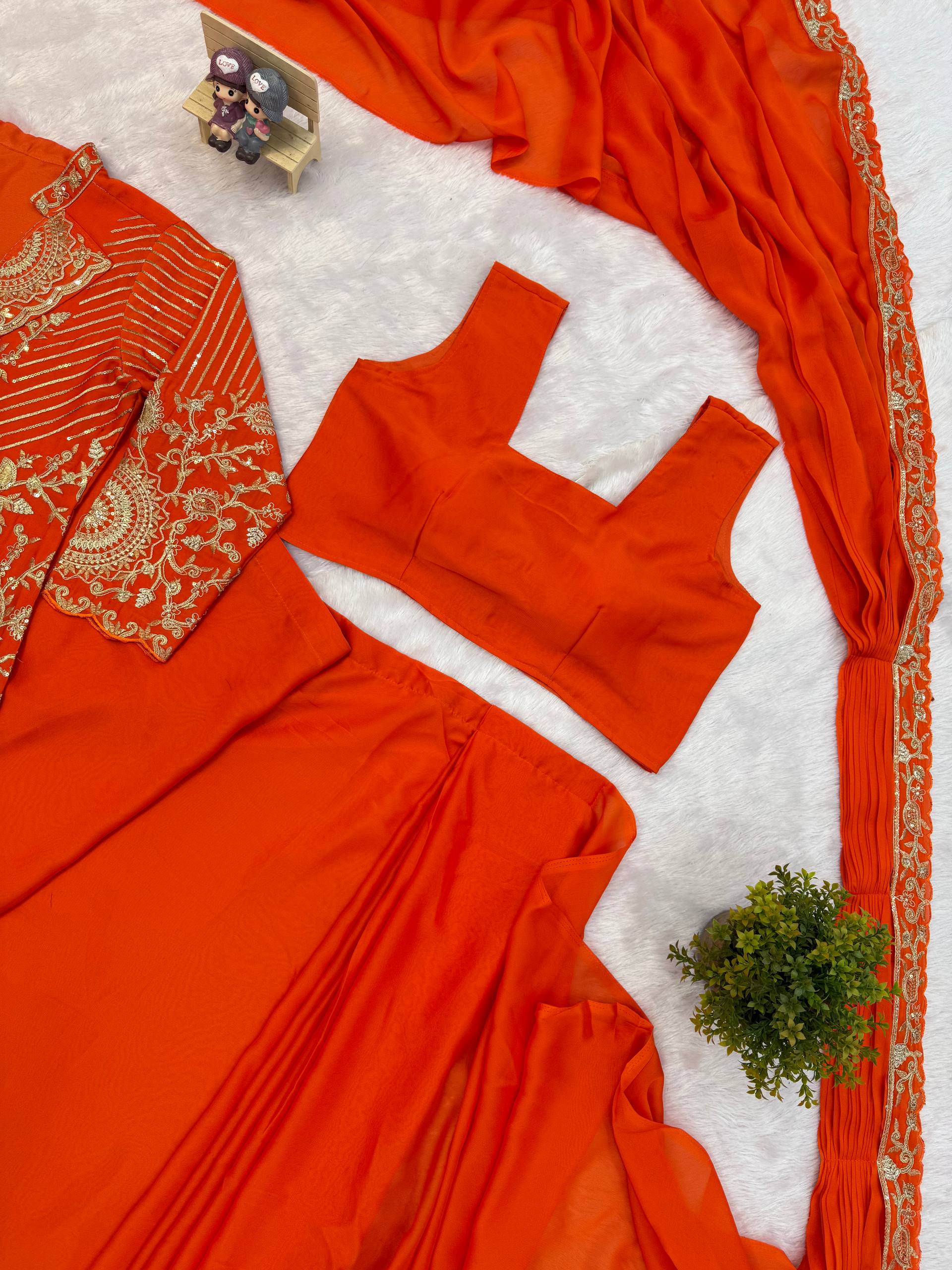 ORANGE RANGOLI SILK READY TO WEAR SAREE WITH EMBROIDERED JACKET