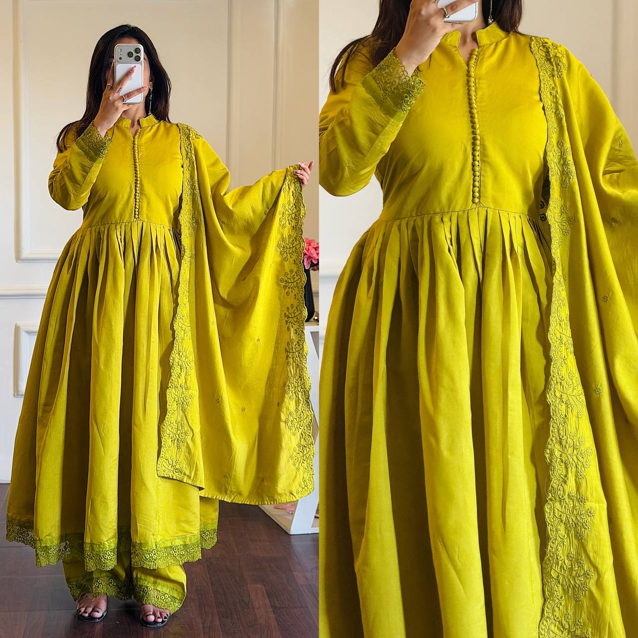 YELLOW ROMAN SILK EMBROIDERED ANARKALI SET