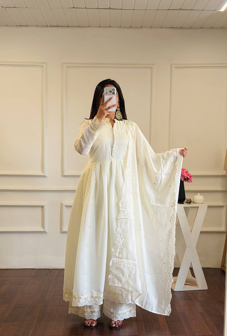 WHITE ROMAN SILK EMBROIDERED ANARKALI SET