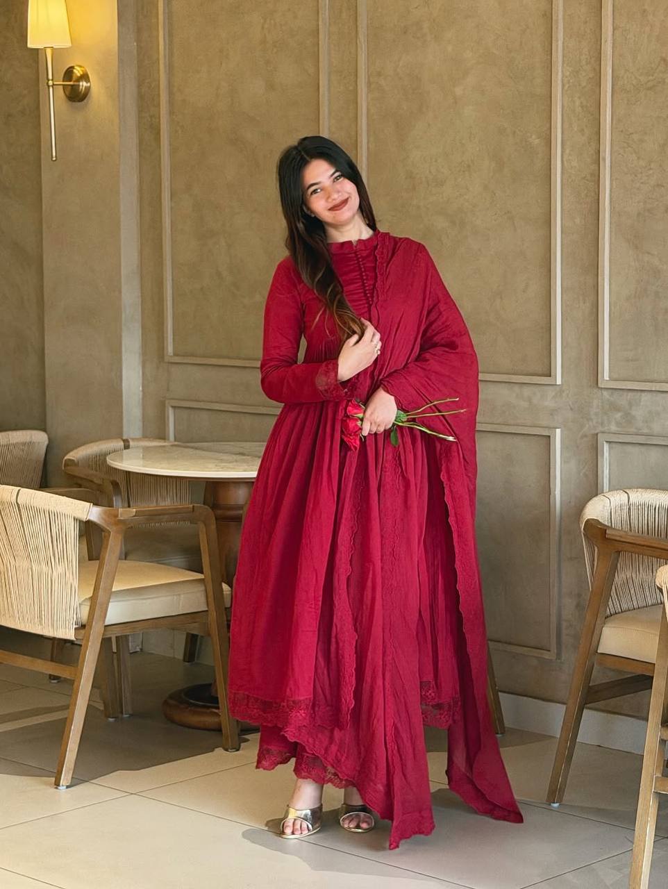 ARABIAN RED ROMAN SILK EMBROIDERED ANARKALI SET