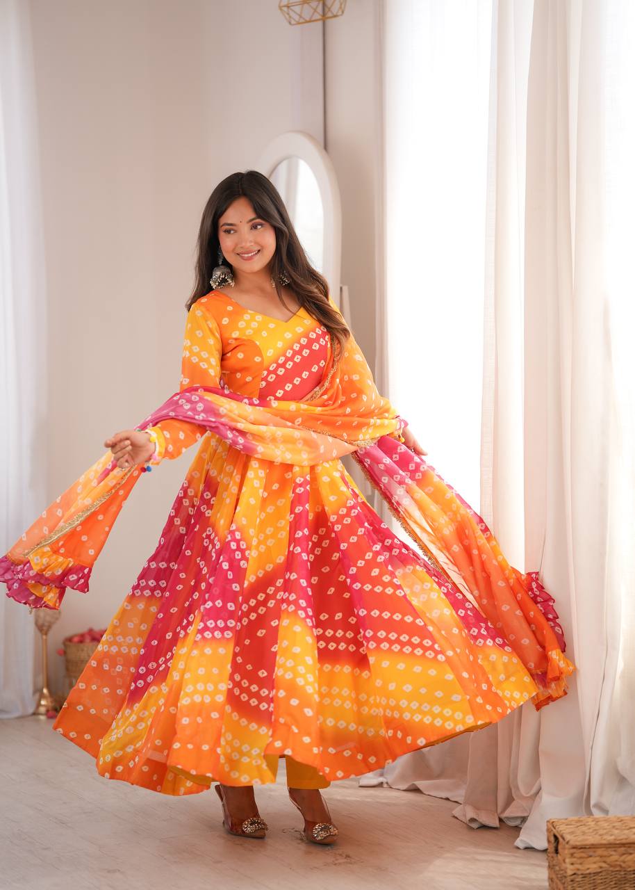 ORANGE BANDHANI PRINTED TEBBY ORGANZA ANARKALI GOWN SET
