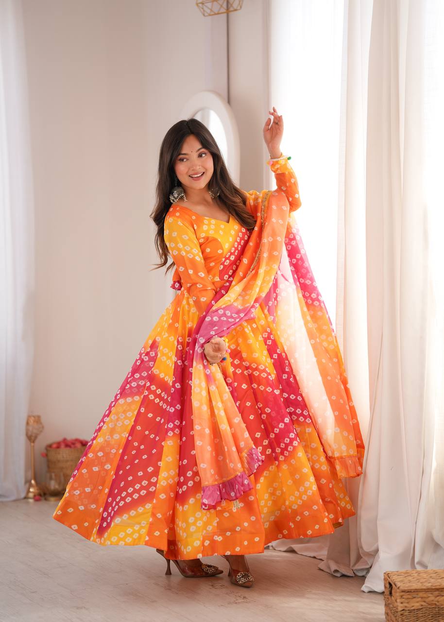 ORANGE BANDHANI PRINTED TEBBY ORGANZA ANARKALI GOWN SET