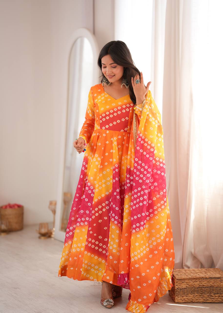ORANGE BANDHANI PRINTED TEBBY ORGANZA ANARKALI GOWN SET