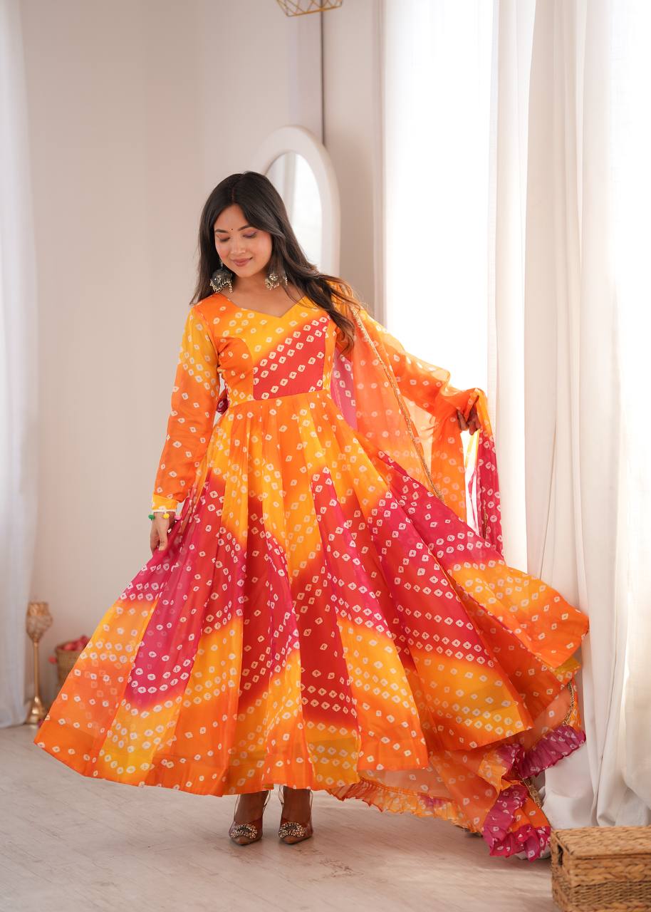ORANGE BANDHANI PRINTED TEBBY ORGANZA ANARKALI GOWN SET