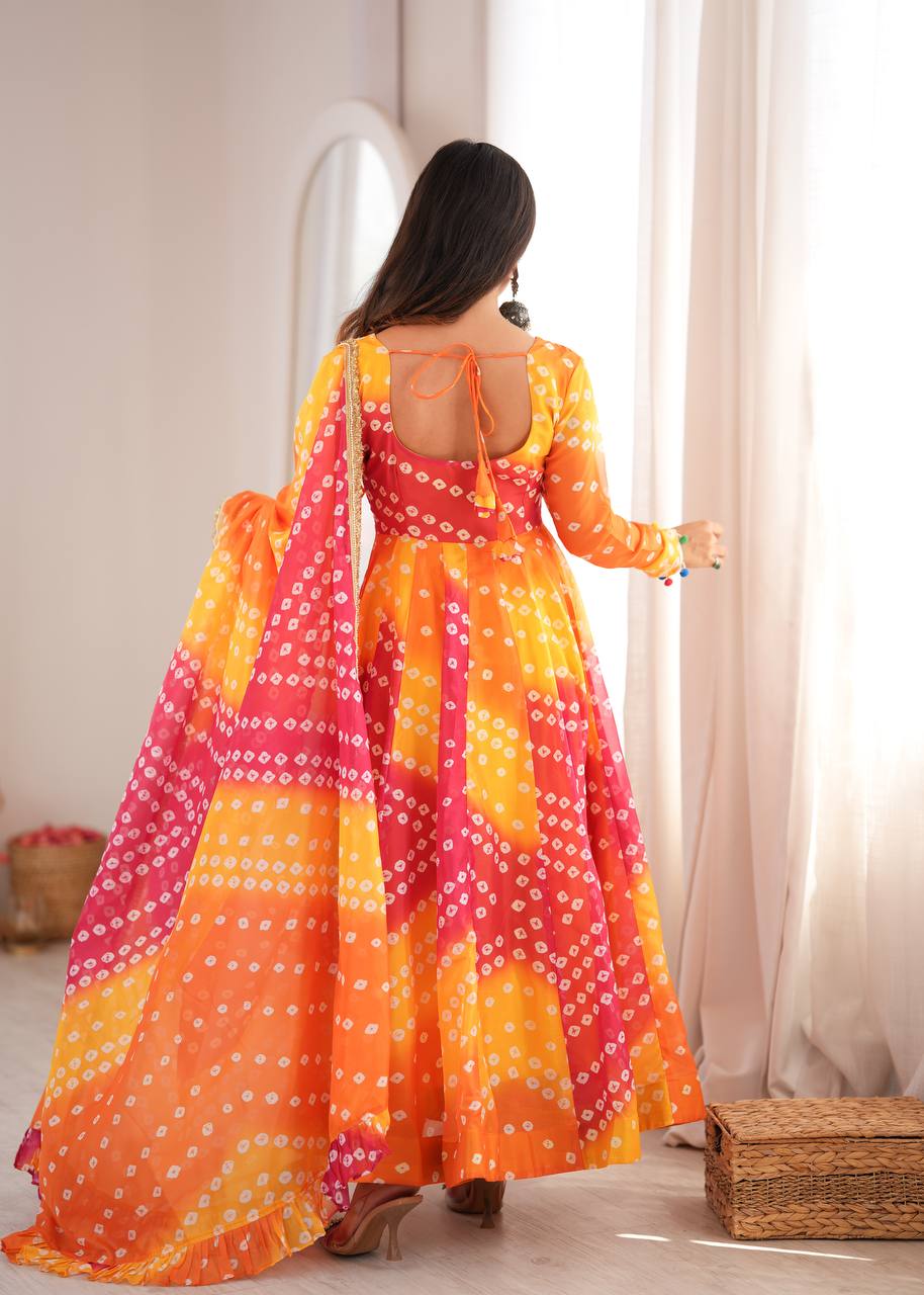 ORANGE BANDHANI PRINTED TEBBY ORGANZA ANARKALI GOWN SET