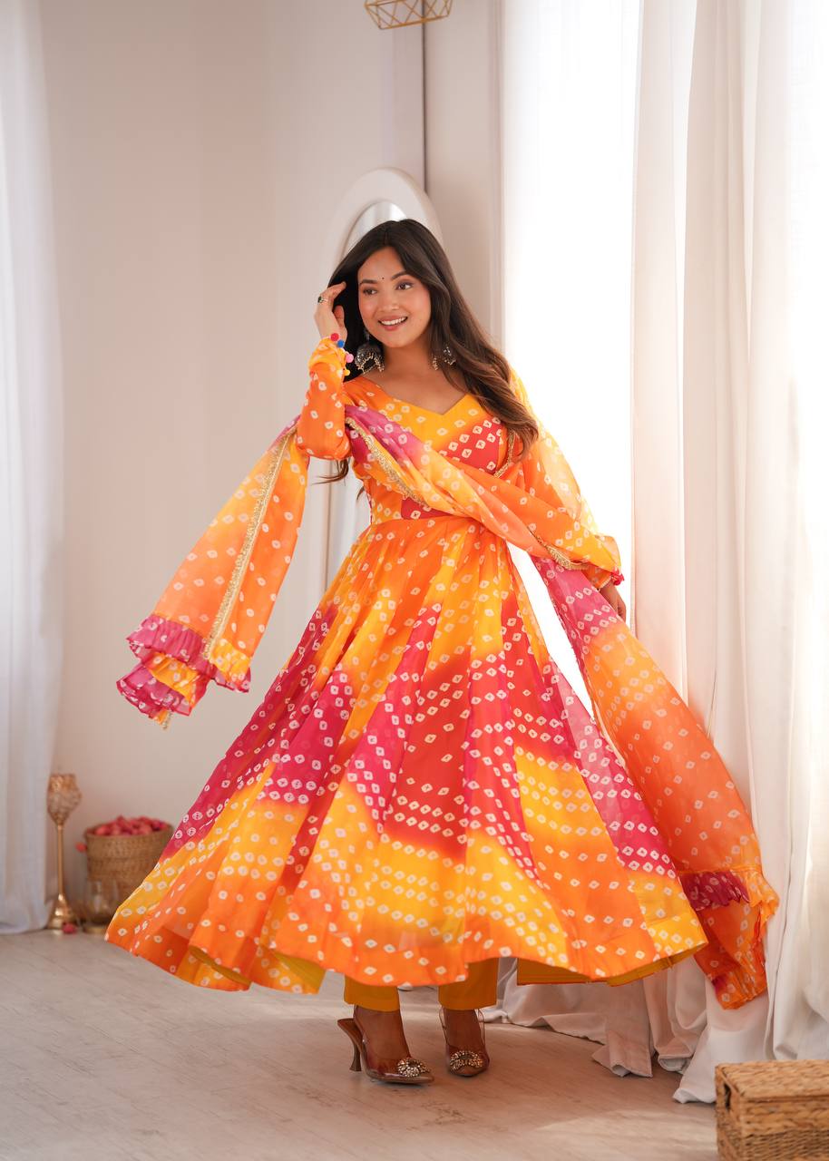 ORANGE BANDHANI PRINTED TEBBY ORGANZA ANARKALI GOWN SET