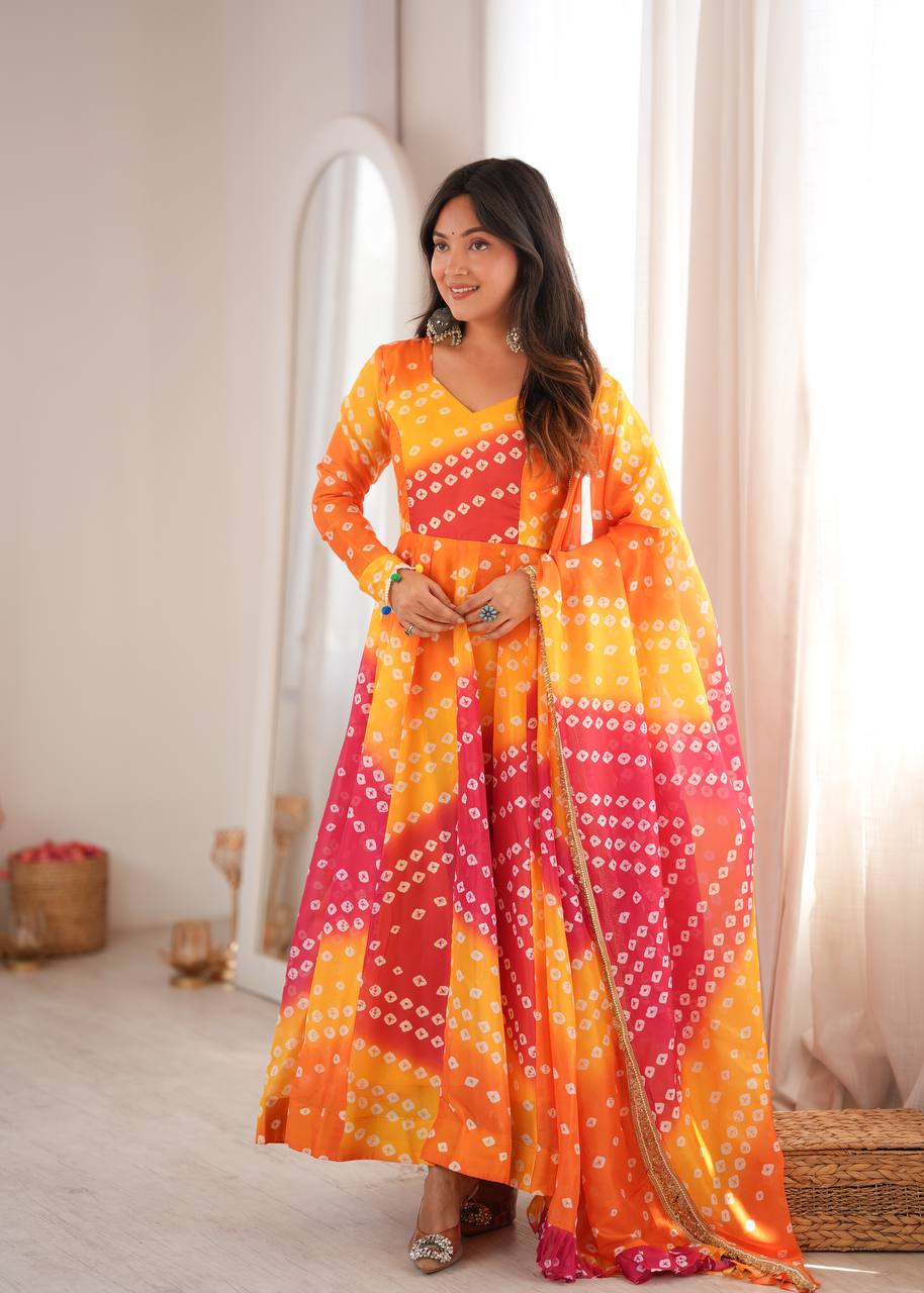 ORANGE BANDHANI PRINTED TEBBY ORGANZA ANARKALI GOWN SET