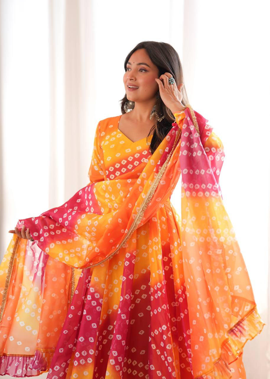 ORANGE BANDHANI PRINTED TEBBY ORGANZA ANARKALI GOWN SET