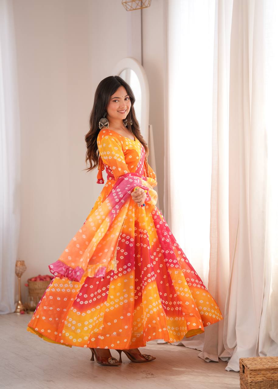 ORANGE BANDHANI PRINTED TEBBY ORGANZA ANARKALI GOWN SET