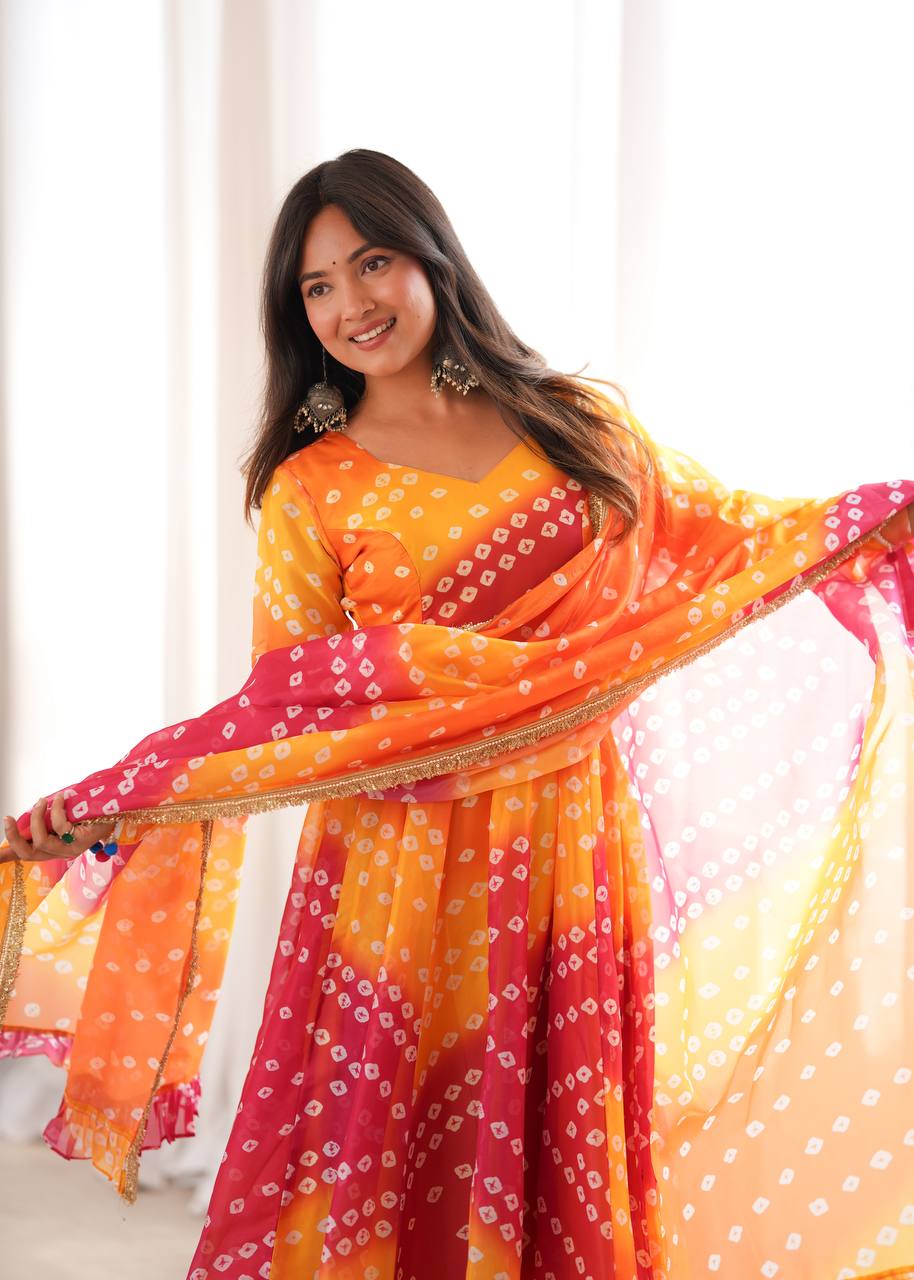 ORANGE BANDHANI PRINTED TEBBY ORGANZA ANARKALI GOWN SET
