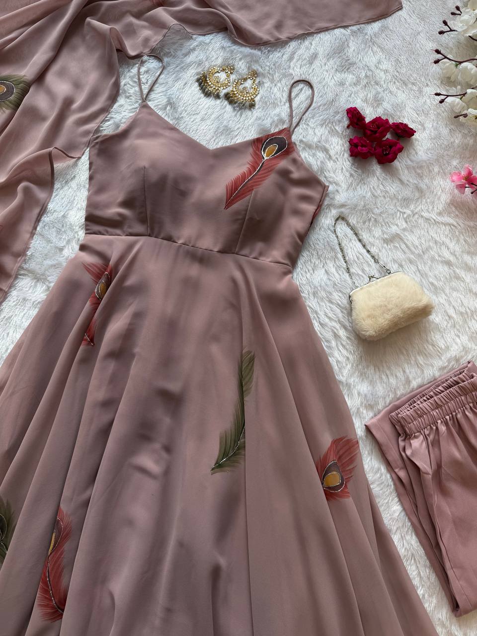 BLUSH PEACOCK FEATHER HAND PAINTED DESIGNER ANARKALI SET