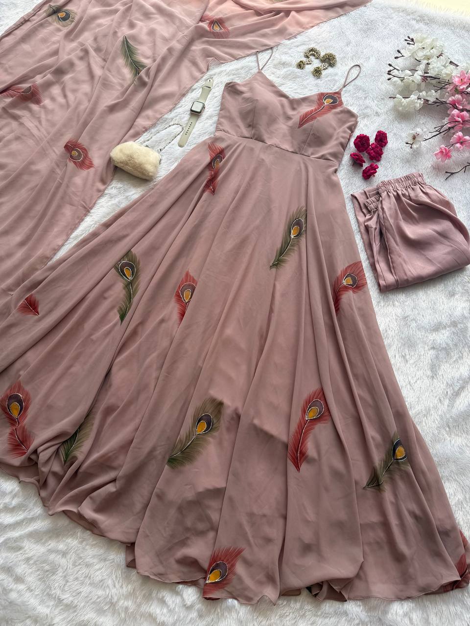BLUSH PEACOCK FEATHER HAND PAINTED DESIGNER ANARKALI SET