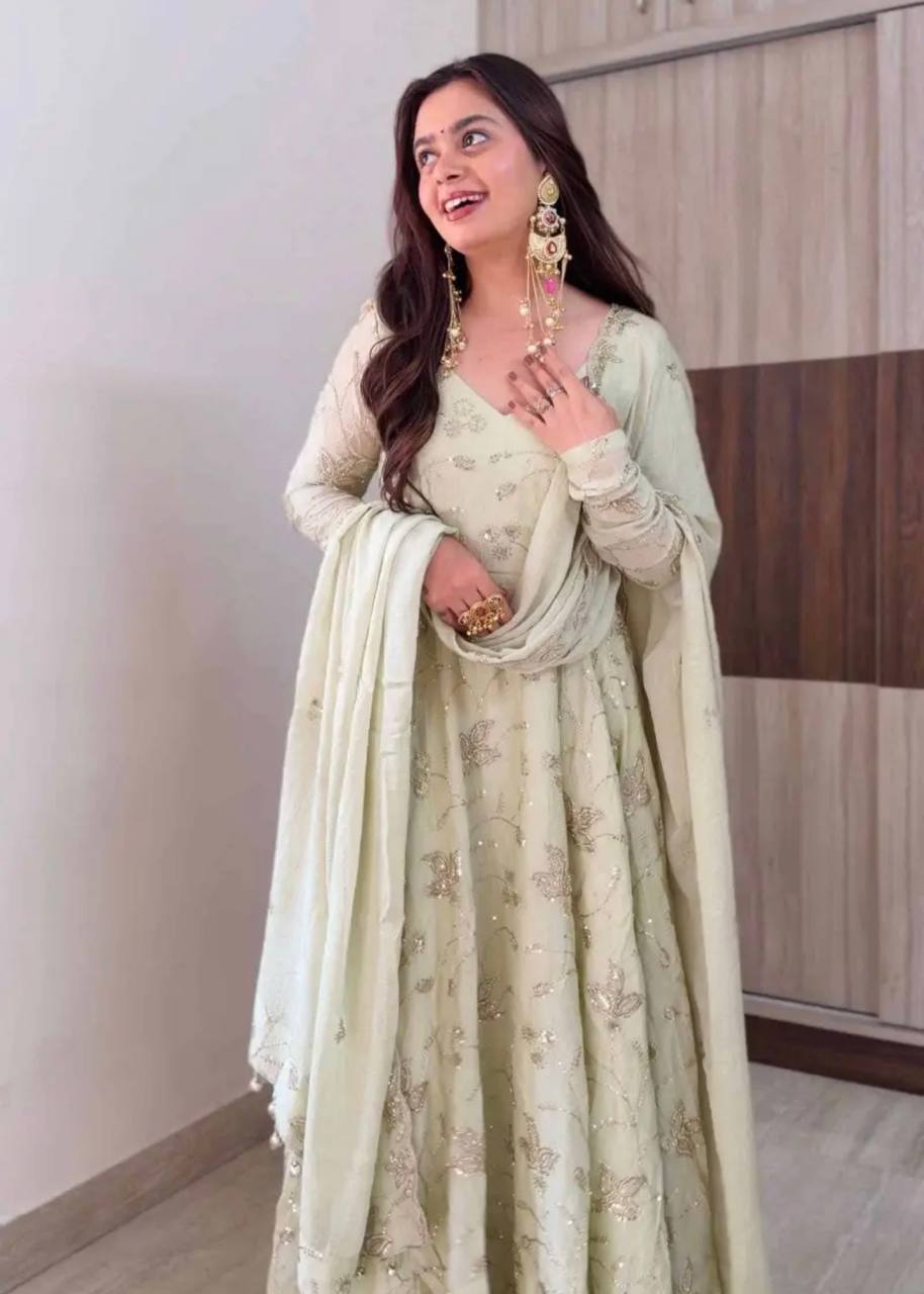 ROYAL IVORY FENDY SILK BASE EMBROIDERED ANARKALI GOWN